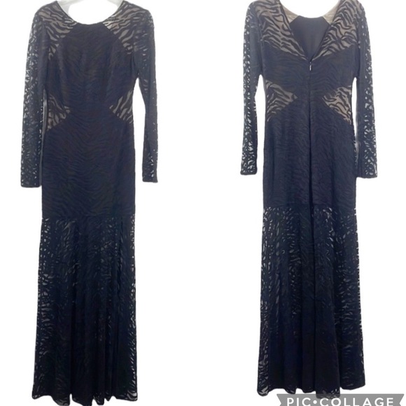BCBGMaxazria Alexia Formal Zebra Lace Overlay Nude Lined Maxi Gown size 4